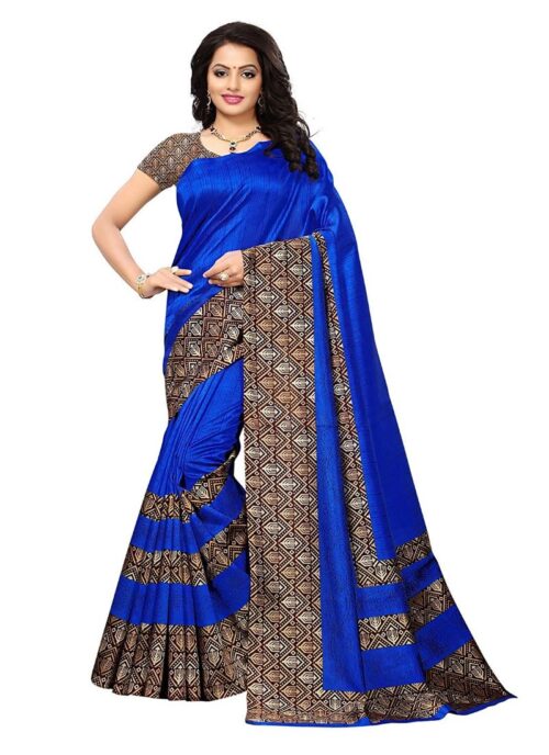 Women’s Art Silk Saree With Blouse (Blue, 5-6mtrs)