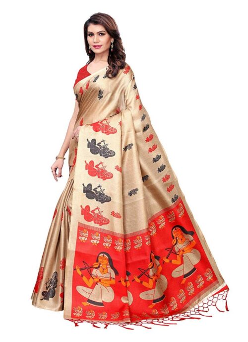 Women's Khadi Silk Saree With Blouse (Beige, 5-6mtrs) - Image 4