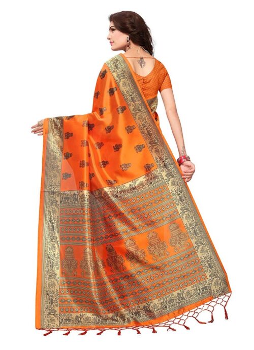 Women’s Art Silk Saree With Blouse (Orange, 5-6mtrs)