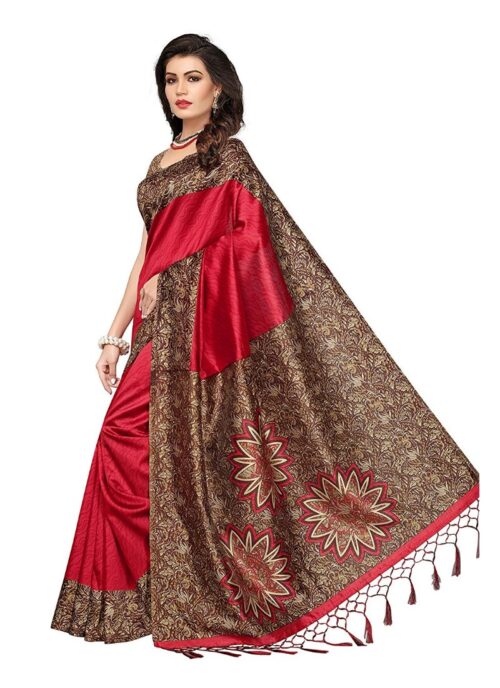 Women's Art Silk Saree With Blouse (Red, 5-6mtrs) - Image 3