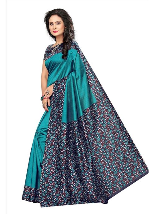 Women’s Art Silk Saree With Blouse (Turquoise, 5-6mtrs)