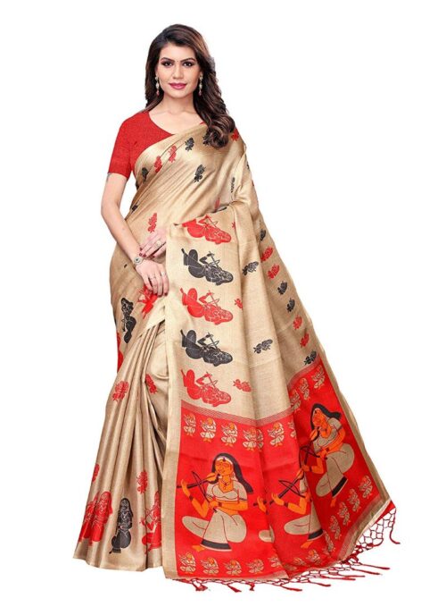 Women’s Khadi Silk Saree With Blouse (Beige, 5-6mtrs)