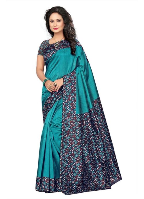 Women’s Art Silk Saree With Blouse (Turquoise, 5-6mtrs)