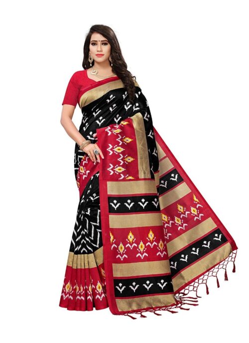 Women’s Art Silk Saree With Blouse (Black, 5-6mtrs)