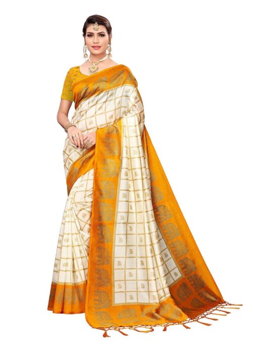 Women’s Art Silk Saree With Blouse (Orange, 5-6mtrs)