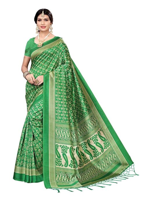 Women’s Art Silk Saree With Blouse (Green, 5-6mtrs)