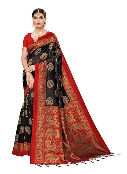 Women’s Art Silk Saree With Blouse (Black, 5-6mtrs)