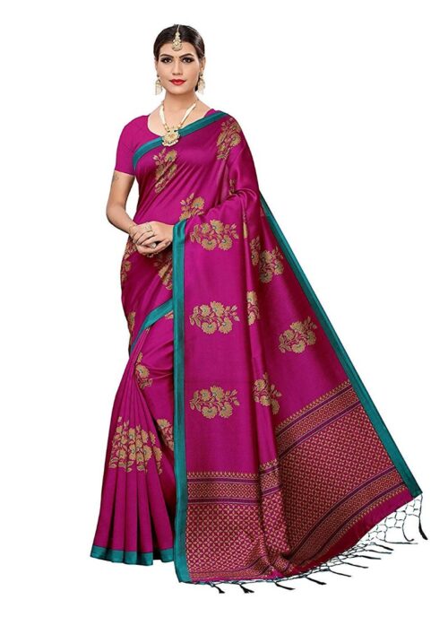 Women’s Art Silk Saree With Blouse (Pink, 5-6mtrs)