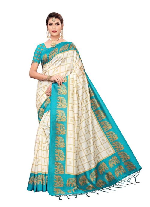 Women’s Art Silk Saree With Blouse (Turquoise, 5-6mtrs)