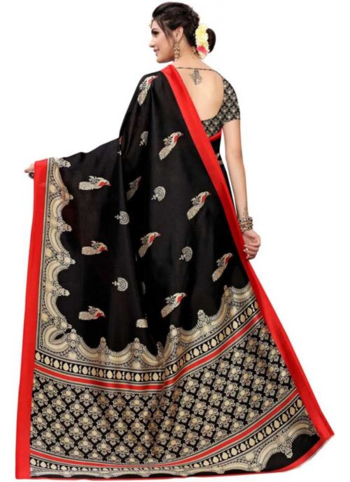 Women’s Art Silk Saree With Blouse (Black, 5-6mtrs)