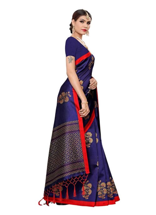 Women’s Art Silk Saree With Blouse (Blue, 5-6mtrs)