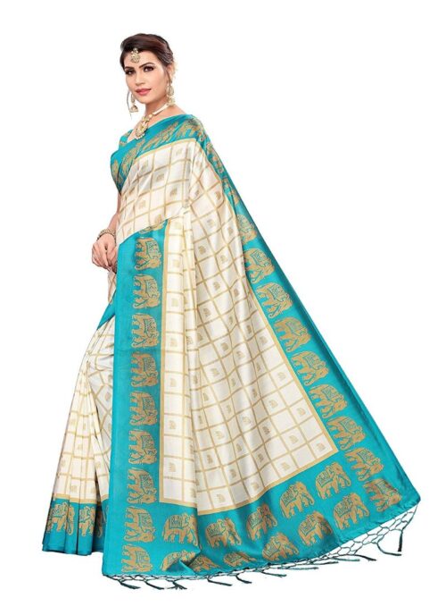 Women's Art Silk Saree With Blouse (Turquoise, 5-6mtrs) - Image 3