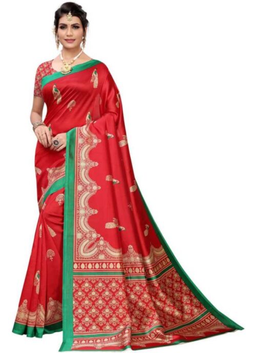 Women’s Art Silk Saree With Blouse (Red, 5-6mtrs)