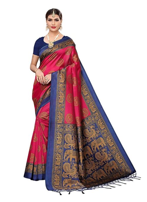 Women’s Art Silk Saree With Blouse (Pink, 5-6mtrs)