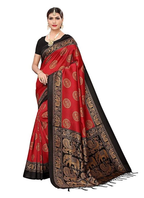 Women’s Art Silk Saree With Blouse (Red, 5-6mtrs)