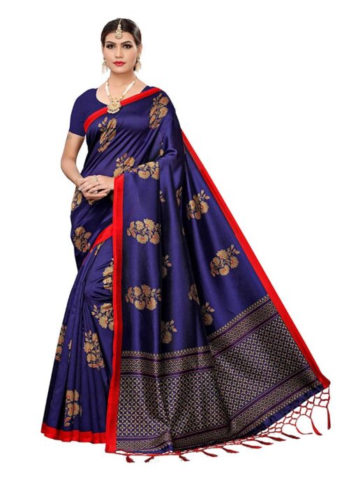 Women’s Art Silk Saree With Blouse (Blue, 5-6mtrs)