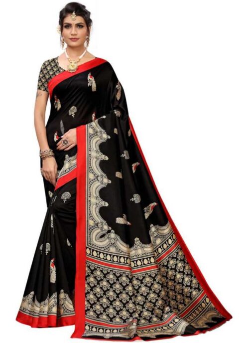 Women’s Art Silk Saree With Blouse (Black, 5-6mtrs)