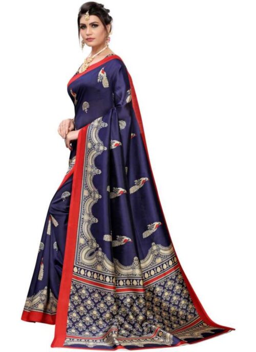 Women's Art Silk Saree With Blouse (Navy Blue, 5-6mtrs) - Image 3