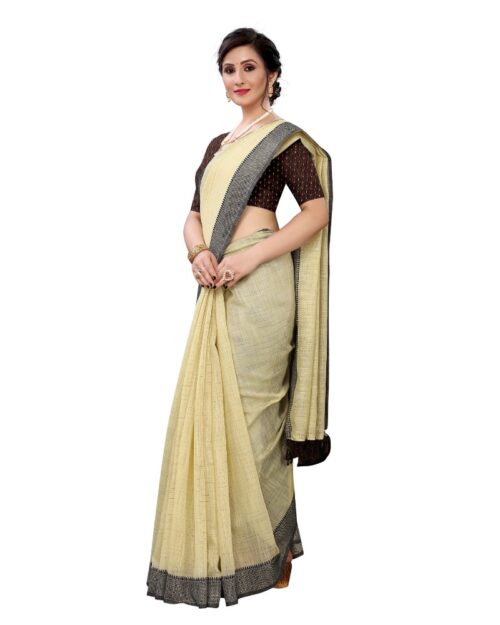 Women's Soft Cotton Saree With Blouse (Yellow, 5-6Mtrs) - Image 4