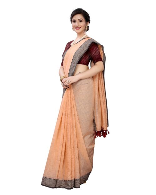 Women's Soft Cotton Saree With Blouse (Orange, 5-6Mtrs) - Image 4