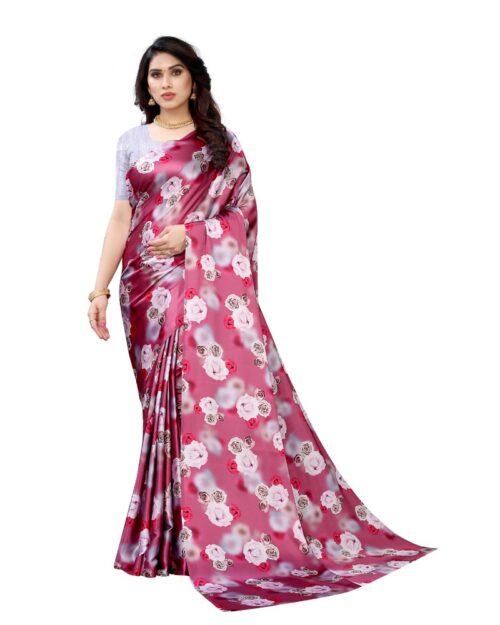 Women’s Soft Japan Satin Saree With Blouse (Dark Pink, 5-6Mtrs)