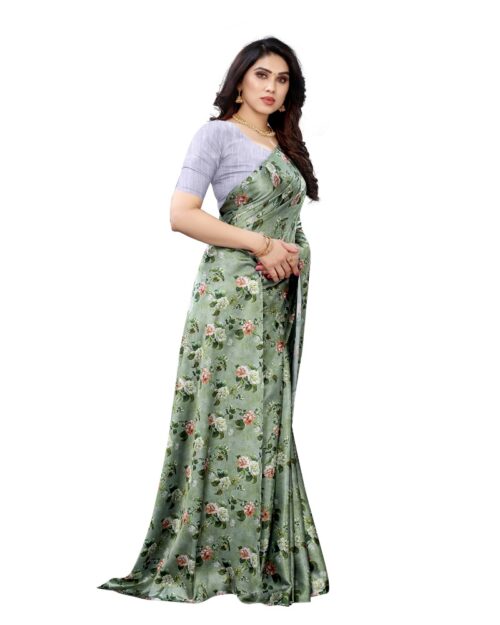 Women's Soft Japan Satin Saree With Blouse (Green, 5-6Mtrs) - Image 3