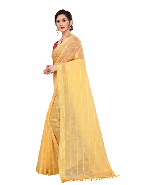 Women's Cotton Saree With Blouse (Yellow, 5-6Mtrs) - Image 3