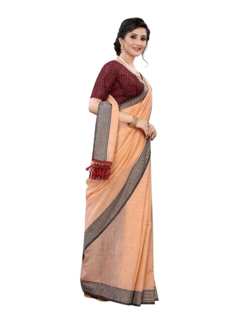 Women's Soft Cotton Saree With Blouse (Orange, 5-6Mtrs) - Image 3