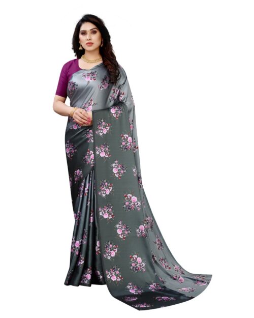 Women’s Soft Japan Satin Saree With Blouse (Dark Grey, 5-6Mtrs)