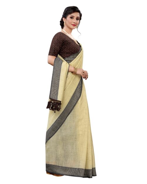 Women's Soft Cotton Saree With Blouse (Yellow, 5-6Mtrs) - Image 3