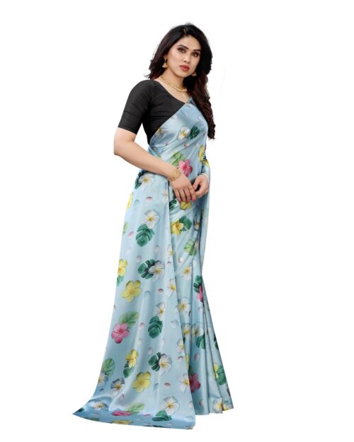 Women's Soft Japan Satin Saree With Blouse (Light Blue, 5-6Mtrs) - Image 3