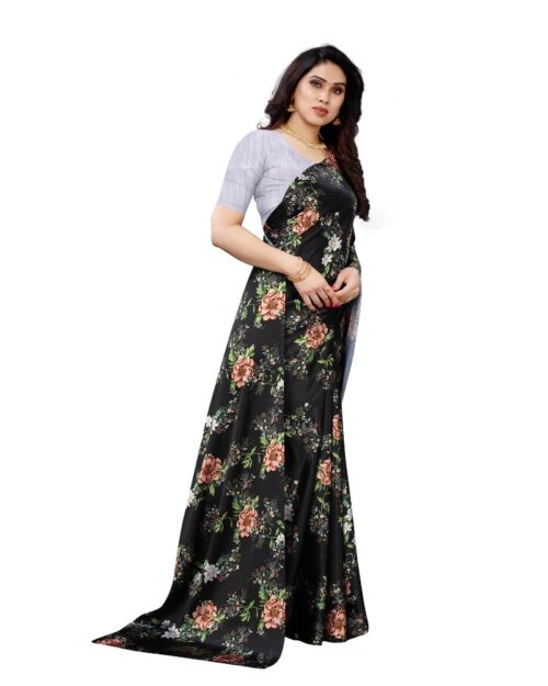 Women's Soft Japan Satin Saree With Blouse (Black, 5-6Mtrs) - Image 3