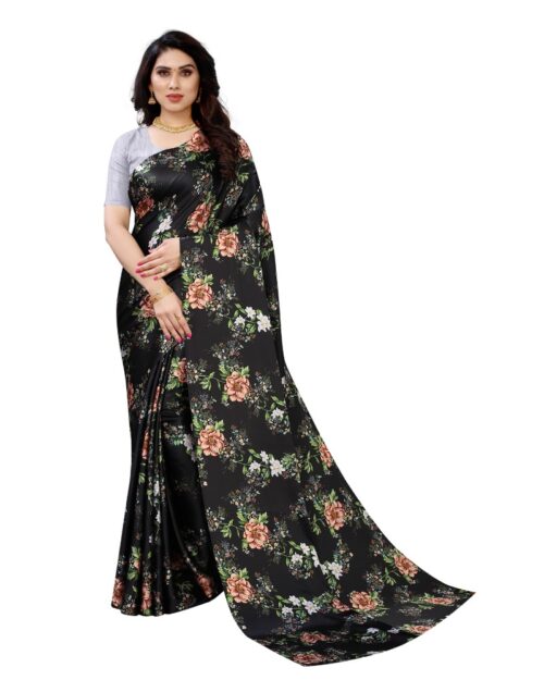 Women’s Soft Japan Satin Saree With Blouse (Black, 5-6Mtrs)