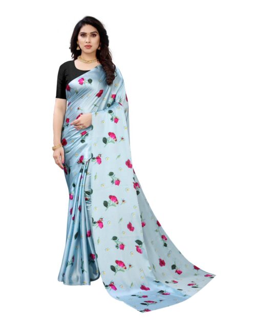 Women’s Soft Japan Satin Saree With Blouse (Light Blue, 5-6Mtrs)