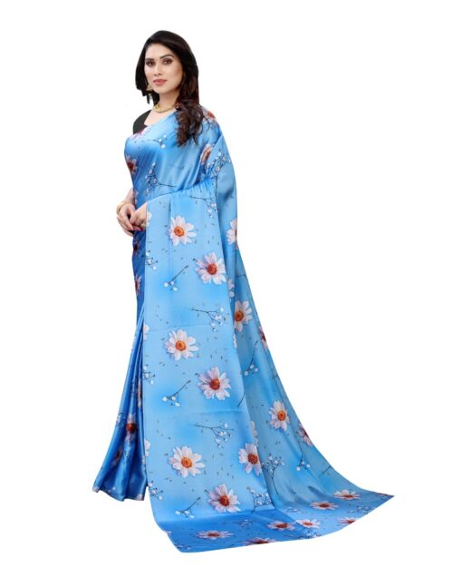 Women's Soft Japan Satin Saree With Blouse (Blue, 5-6Mtrs) - Image 4