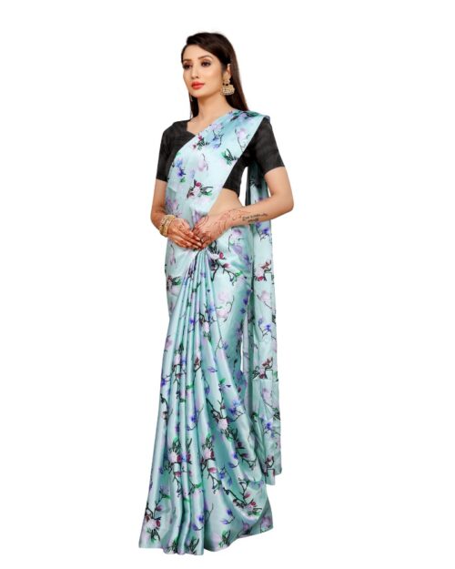 Women's Soft Japan Satin Saree With Blouse (Light Blue, 5-6Mtrs) - Image 4