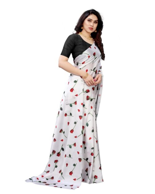 Women’s Soft Japan Satin Saree With Blouse (White, 5-6Mtrs)