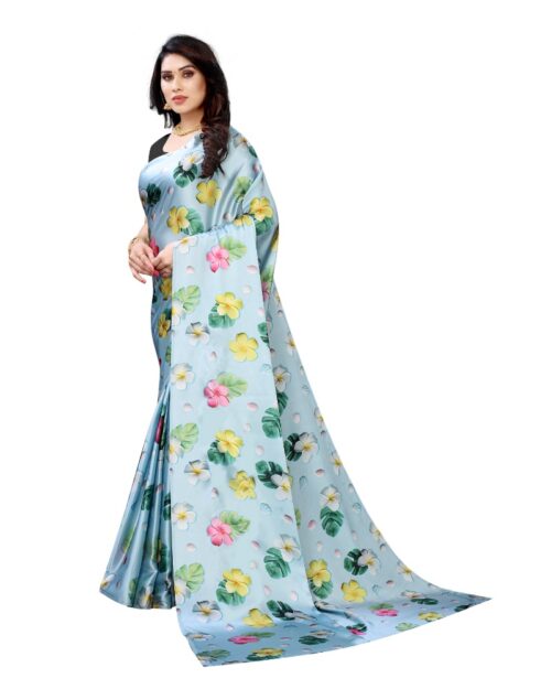 Women's Soft Japan Satin Saree With Blouse (Light Blue, 5-6Mtrs) - Image 4