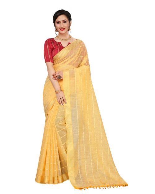 Women's Cotton Saree With Blouse (Yellow, 5-6Mtrs) - Image 4