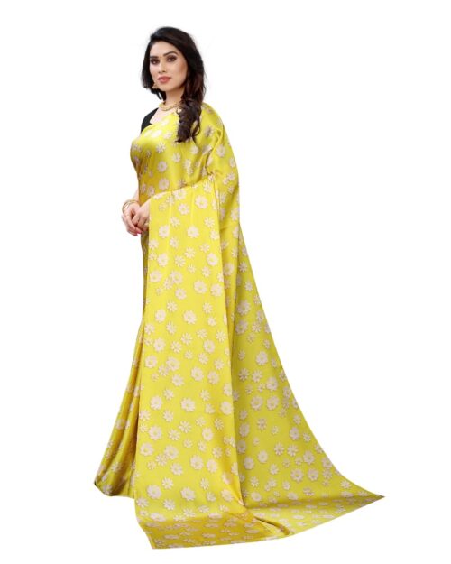 Women's Soft Japan Satin Saree With Blouse (Yellow, 5-6Mtrs) - Image 4