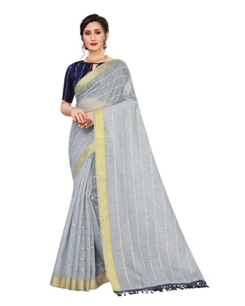 Women's Cotton Saree With Blouse (Grey, 5-6Mtrs) - Image 4