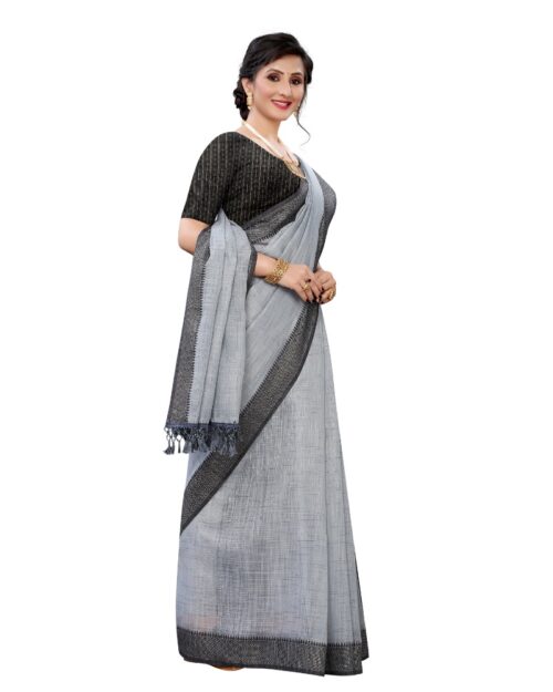 Women's Soft Cotton Saree With Blouse (Grey, 5-6Mtrs) - Image 3