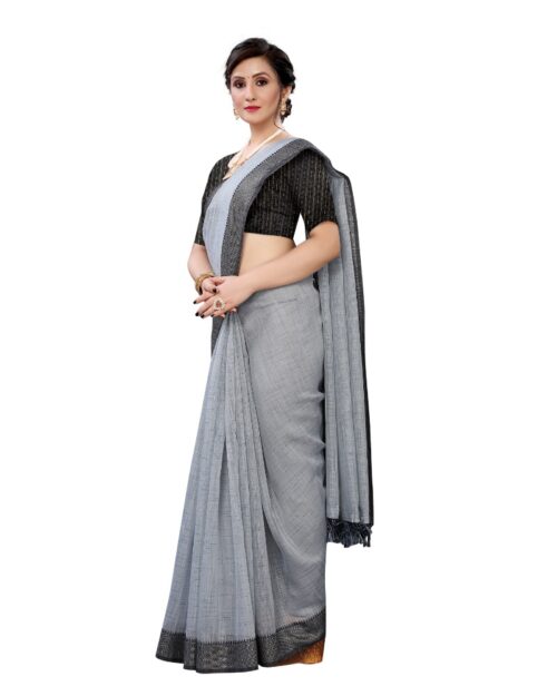 Women's Soft Cotton Saree With Blouse (Grey, 5-6Mtrs) - Image 4