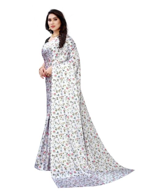 Women's Soft Japan Satin Saree With Blouse (White, 5-6Mtrs) - Image 4