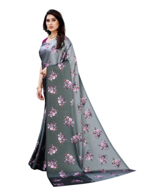 Women's Soft Japan Satin Saree With Blouse (Dark Grey, 5-6Mtrs) - Image 4