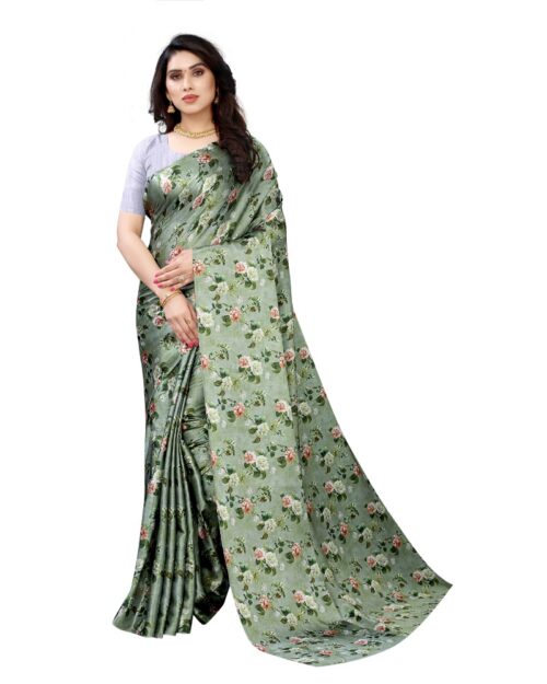 Women’s Soft Japan Satin Saree With Blouse (Green, 5-6Mtrs)