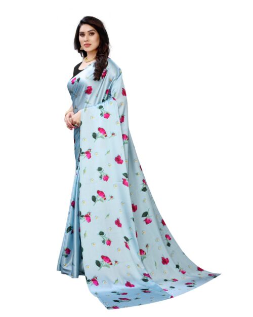 Women's Soft Japan Satin Saree With Blouse (Light Blue, 5-6Mtrs) - Image 4