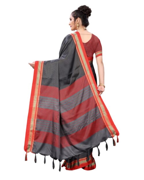 Women's Khan Woven Saree With Blouse (Grey, 5-6Mtrs) - Image 3