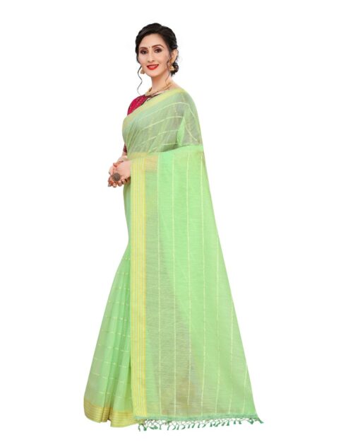 Women's Cotton Saree With Blouse (Parrot Green, 5-6Mtrs) - Image 3