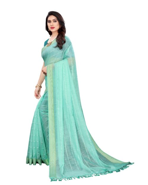 Women's Cotton Saree With Blouse (Rama, 5-6Mtrs) - Image 3